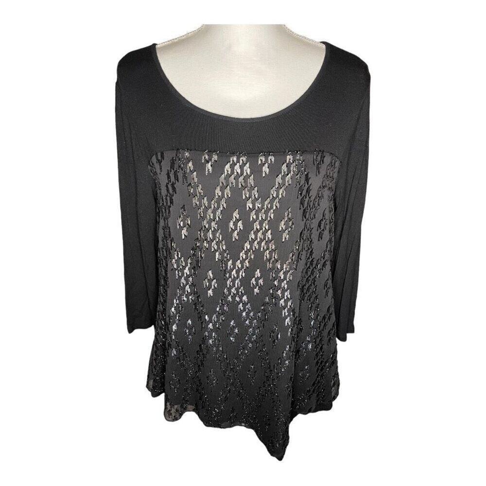 Dressbarn Petite Medium Black Embellished Shimmery 3/4‎ Sleeve Blouse